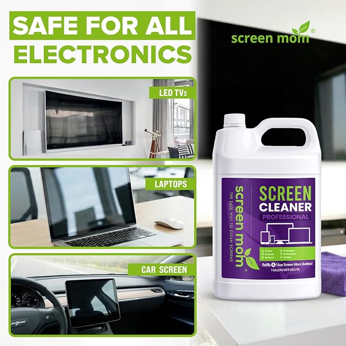 Screen Mom Cleaning Kit - 1 Gallon Screen Cleaner Spray Refill and 4 Pcs Purple Microfiber Cloth, TV Cleaner Spray and Cloth Set for Laptop, Phone, iPad, Car and Computer Cleaning Kit Electronic
