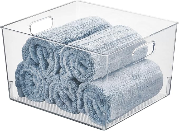 mDesign Large Modern Stackable Plastic Storage Organizer Bin Basket with Handles for Bathroom Vanity Organization - Shelf, Cubby, Cabinet, or Closet Organizing Decor - Ligne Collection, 8 Pack - Clear