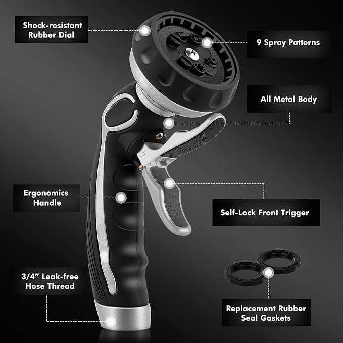 RESTMO Hose Nozzle with Easy Self-Lock Trigger, Heavy Duty Metal Water Hose Sprayer with 9 Spray Patterns and On/Off Valve, High Pressure | Thumb Flow Control, Ideal for Outdoor Lawn & Plant Watering