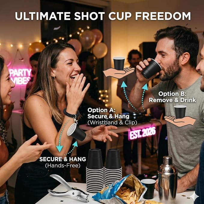 LemonRoad 50 Pack Black Shot Cup with Wristband for Party 2 oz Plastic Shot Glasses Bulk Disposable Mini Cup for Graduation 21th 50th Birthday Wedding Party Bachelorette Supplies