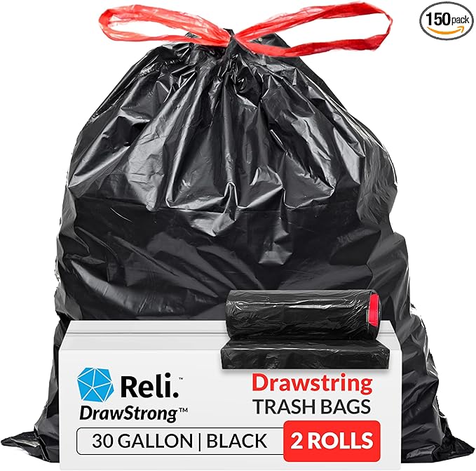 Reli. 30 Gallon Trash Bags Drawstring | 150 Count | Black | 30 Gallon Garbage Bags Heavy Duty | Large 30 Gal