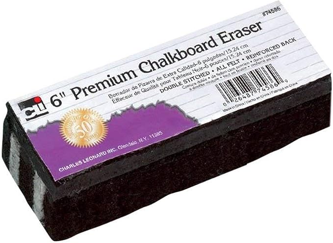 Charles Leonard Premium Felt Chalkboard Eraser, 6 x 2 x 1.25 Inches, Black/White, 12-Pack (74586)