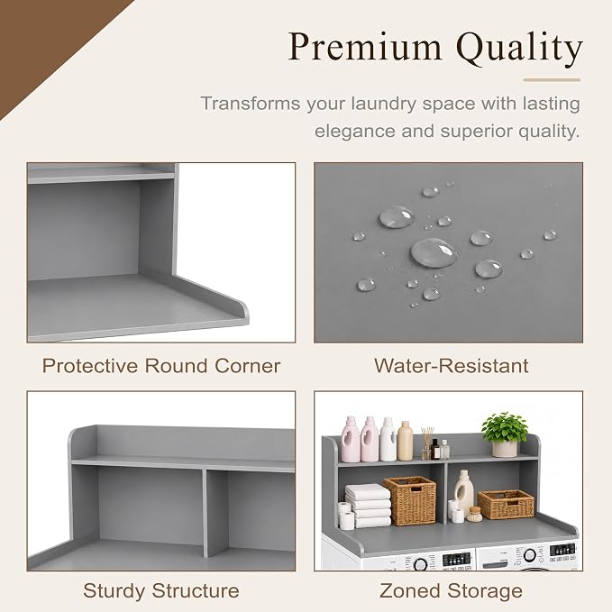 Royxen Laundry Countertop with 20“ Shelf Universal Fit, Washer and Dryer Countertop with Storage Space, Gray