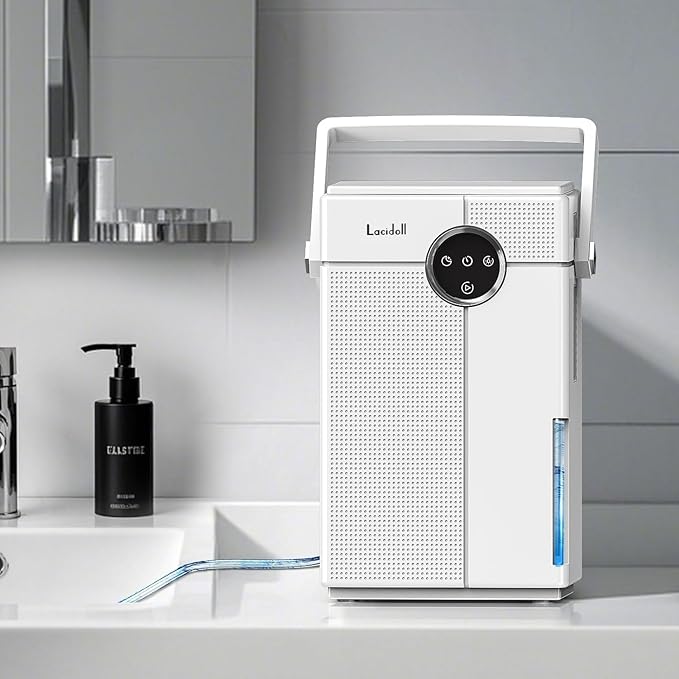 Lacidoll Small Dehumidifier with Drain Hose, Portable Dehumidifier for Bathroom, 118oz Dehumidifiers for Home 800 sq ft with 7 Colorful Light, Quiet Dehumidifiers for Bedroom RV Closet Basement,White