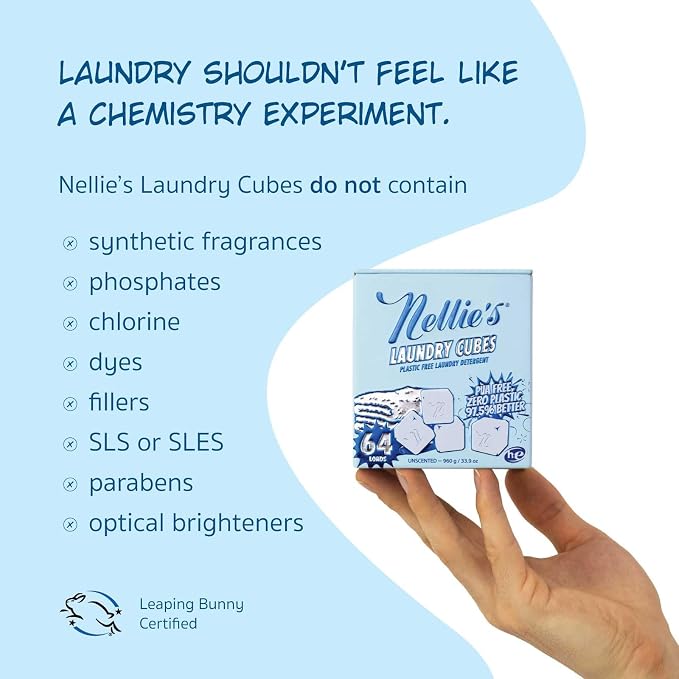 Nellie's Laundry Cubes 64 Load - Zero Plastic, PVA-Free Laundry Detergent - Tough on Stains & Odors - Dissolves in Hot or Cold Water - HE & Standard Machine Safe - Made in Canada