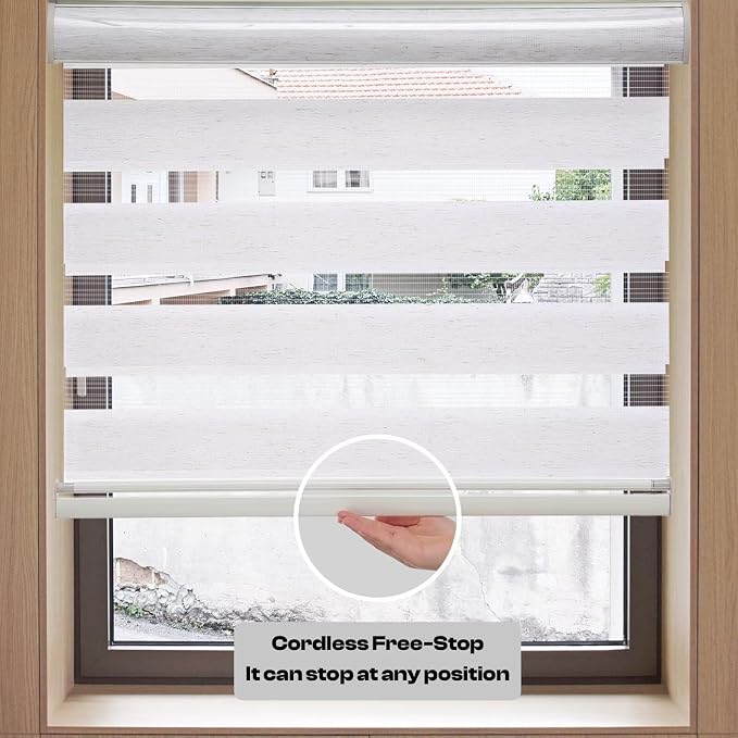 MYshade Roller Shades Zebra Blinds for Windows Cordless Day and Night Light Filtering Shades Dual Layer Roller Blinds 48" x 64" Linen Style