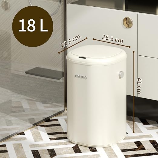 MRBIN Metal Automatic Tall Kitchen Trash Can with Lid, 18L / 4.8gal Slim Motion Sensor Waste Basket, Touchless Electric Garbage Bin for Office and Bathroom, Cream White