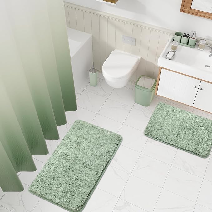 XLHOMO Sage Green Bathroom Set - 24PC Bathroom Sets with Shower Curtain and Rugs, Sage Green Bathroom Accessories Set with Press-on Lid Bathroom Trash Can, Soap Dispenser
