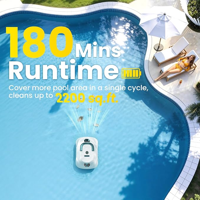 (2026 Upgrade) Cordless Robotic Pool Cleaner, Automatic Pool Vacuum for Above Ground & Inground Pools, 180-Min Runtime, 3L Basket for Leaves & Debris, Auto-Parking, Powerful Suction (White-Green)