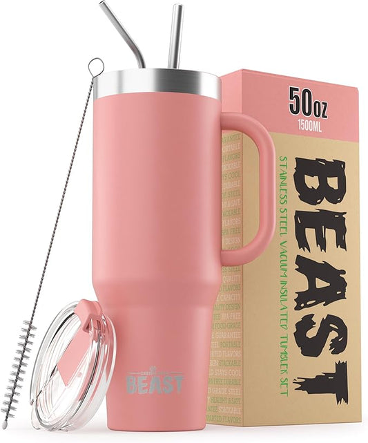 Beast 50 oz Tumbler with Handle Stainless Steel Vacuum Insulated Coffee Ice Cup Double Wall Travel Flask (Blossom Pink)