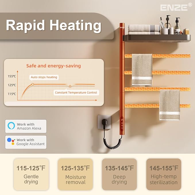 ENZE Smart Rotating Heated Towel Rack for Bathroom, 4-Bar Wall-Mounted Electric Towel Warmer with Swivel Shelf, Wi-Fi App Control, 24H Timer, Stainless Steel, IPX5, Hardwired/Plug-in, Gray