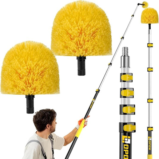 5-to-18 Foot Cobweb Duster with Extension Pole, Opow 25 Ft High Reach and 2 Replaceable Cleaning Washable Spider Web Brush Heads and Universal Joint Angle Adaptor Heavy Duty for Indoor & Outdoor Use