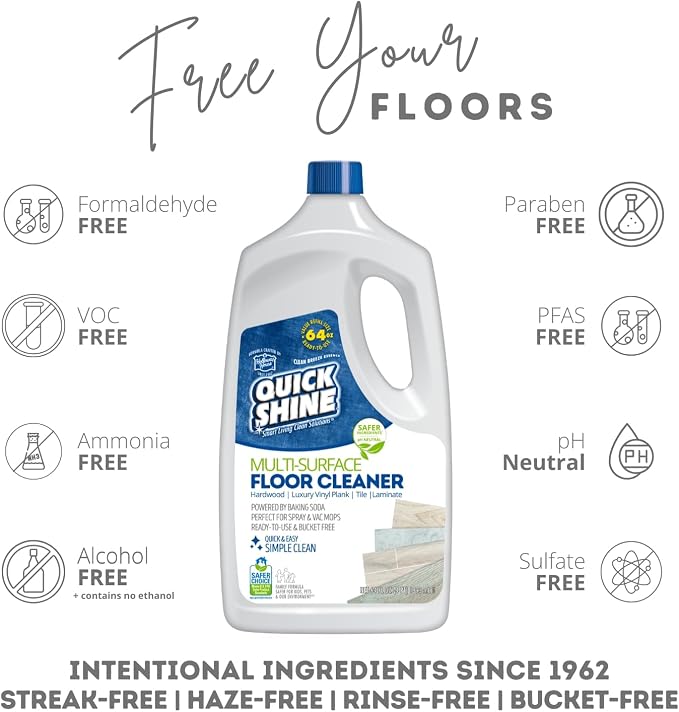 Quick Shine Multi Surface Floor Cleaner 64oz, Ready to Use-Streak Free-No Rinse, Use on Hardwood, Laminate, Luxury Vinyl Plank & Stone, Use in Spray Mops & Vac Mops, Safer Choice Cleaner