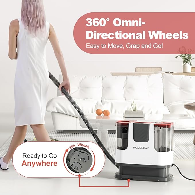 Upholstery Carpet Cleaner, MUJERBAY 12Kpa Portable Spot and Stain Cleaner, Easy Move with Universal Wheels & Handle, 1.19-inch Deep Cleaning Machine for Couch, Stairs, Car and Pet Messes.White