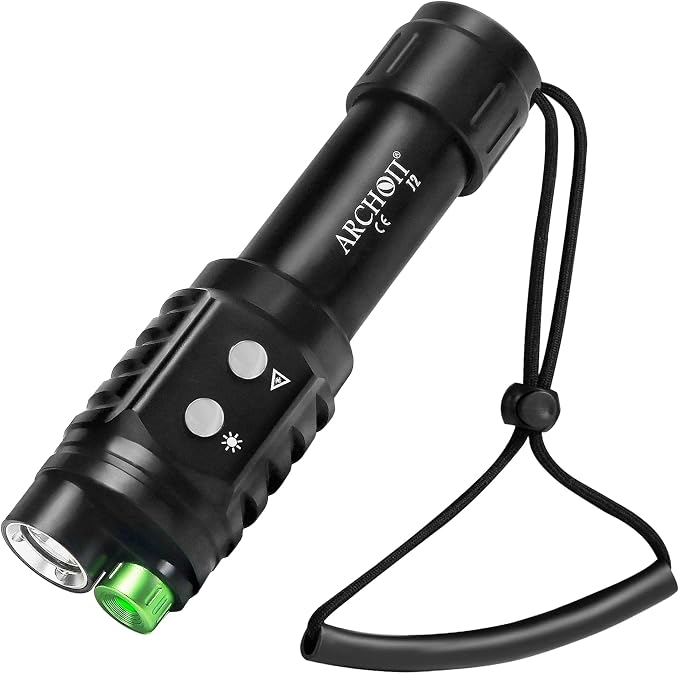 ARCHON J2 Diving Flashlight, 2-in-1 Scuba Dive Light with 1200 Lumens White Spotlight，1500 Meters Green Beam, Underwater 100 Meters Waterproof, Dual-Button Switch