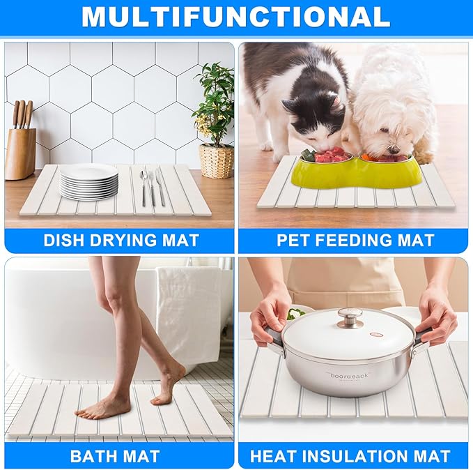 Large Stone Dish Drying Mats for Kitchen Counter, 24"(L)×16"(W) Quick Dry Collapsible Dish Drying Mat, Eco-Friendly Absorbent Diatomaceous Earth Mats for Dishes Bottles Cups, Match Any Countertop