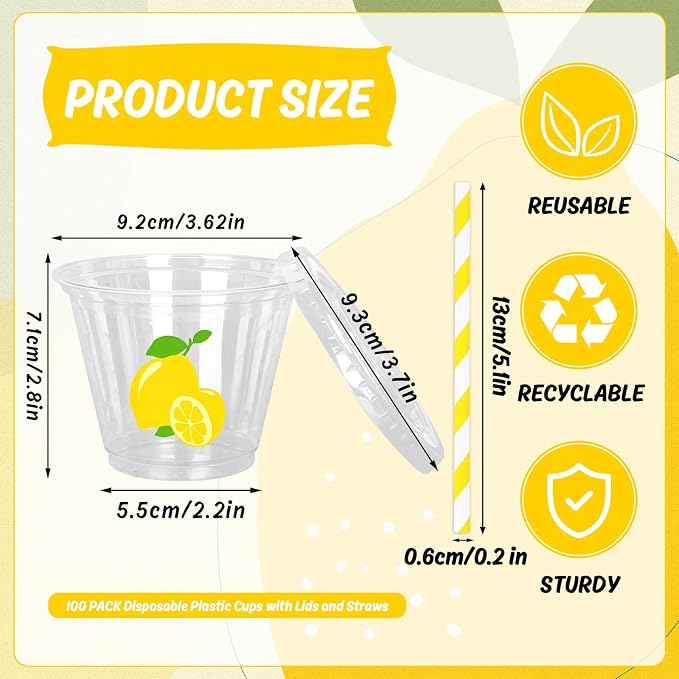 Whaline 100Pcs 9Oz Lemon Disposable Plastic Cups with Lids and Straws Summer Citrus Fruit Cold Beverage Drinking Cups for Birthday Baby Shower Party Supplies