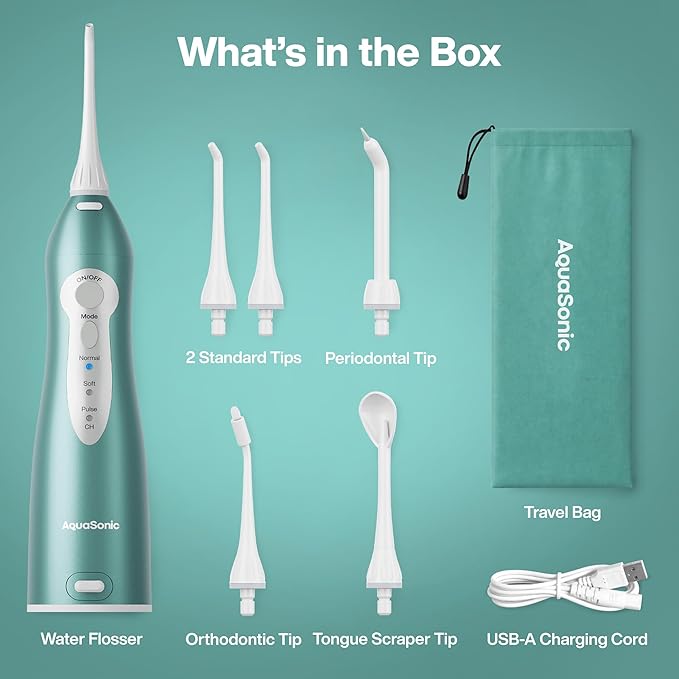 AquaSonic Aqua Flosser PRO - Rechargeable Electric Cordless Water Flosser for Teeth, Gums & Tongue - Waterproof Modern Design, 300ml Large Tank, 3 Modes, 6 Jet Tips, Deluxe Tongue Nozzle - Green