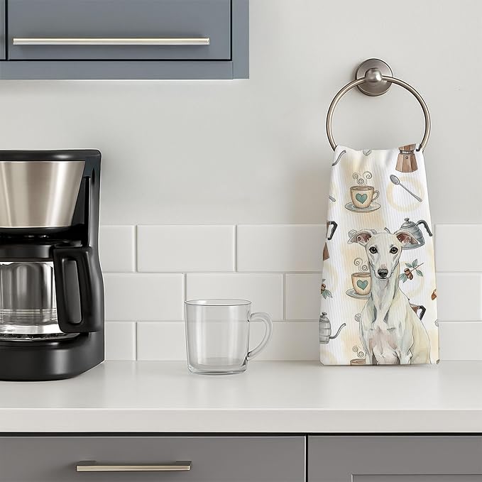 Caroline's Treasures White Whippet Coffee Bar Kitchen Towel Velour Plush Front and Cotton Loop Back Machine Washable