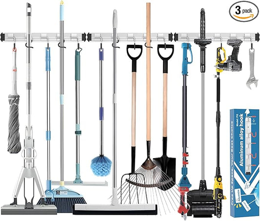 Mop and Broom Holder Wall Mount Garden Tool Rack Organizer, Modern Style,Movable Aluminum Alloy Wall Mounted Hook 3 Pack,Storage Gift for Bathroom,Closet,Laundry Room,Garage,Tool Room(Black)
