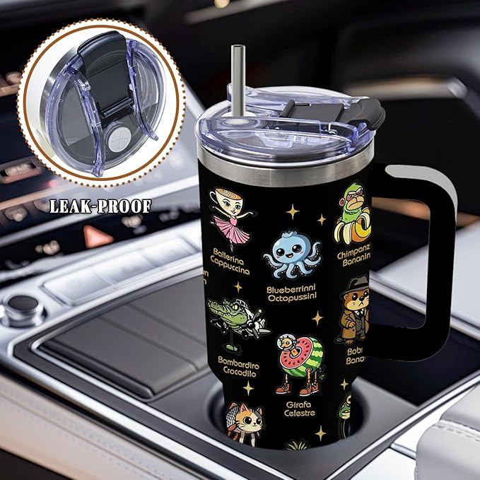 DUUV Funny Cartoon Characters Tumbler 40 Oz with Handle, Cute Animal Design Stainless Steel Insulated Mug with Lid and Straw, Novelty Gifts for Men Women Girls,1 PCS