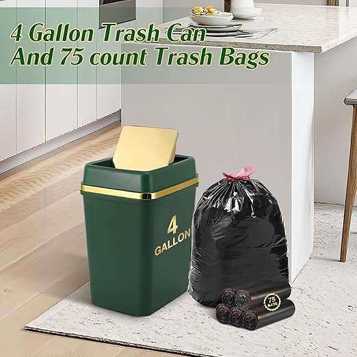 3 Pack Bathroom Trash Can with Lid 4 Gallon Small Trash Can with Swing Lid Bathroom Garbage Can with 225 Counts Trash Bags for Kitchen Bedroom Office(Black Navy Blue Dark Green)