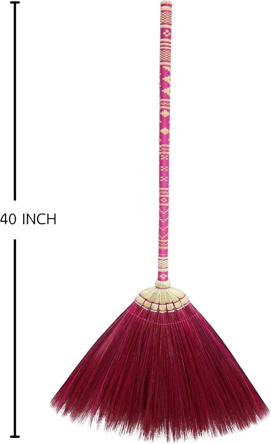 Asian Broom,Natural Grass Thai Broom Vintage Retro Embroidered Woven Nylon, Handmade Broom, Housewarming Gift, Witch Broom,Bamboo Stick Handle, Durable Broom for Indoor & Outdoor 40"