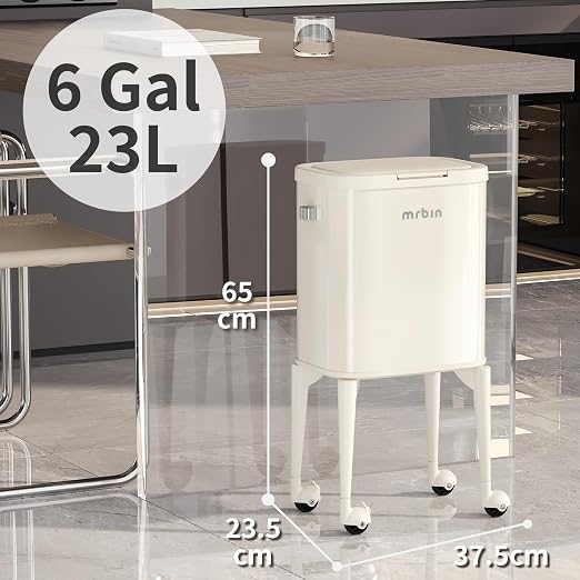 MRBIN Metal Kitchen Trash Can with Wheel Legs, 23L/6.1gal Medium Press on Lid Slim Removable Waste Basket, Pet Proof Garbage Pail for Bedroom, Living Room, Cream White