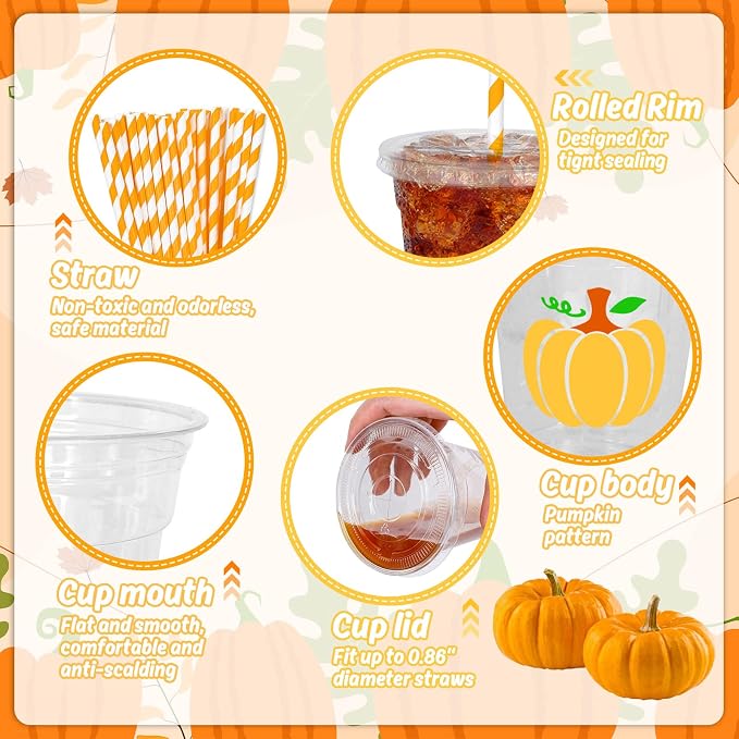 Whaline 50 Pcs Fall Disposable Plastic Cups with Lids and Straws Thanksgiving Party Cups 12oz Orange Pumpkin Cold Beverage Drinking Cup for Harvest Party Autumn Supplies