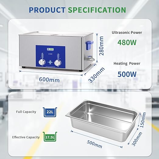 DK SONIC Industrial Ultrasonic Cleaner 22L,480W Commercial Sonic Cleaner with Encoded Timer,Heater&Basket, Multiple Functions for Carburetors, Motorcycle Engines, Chains