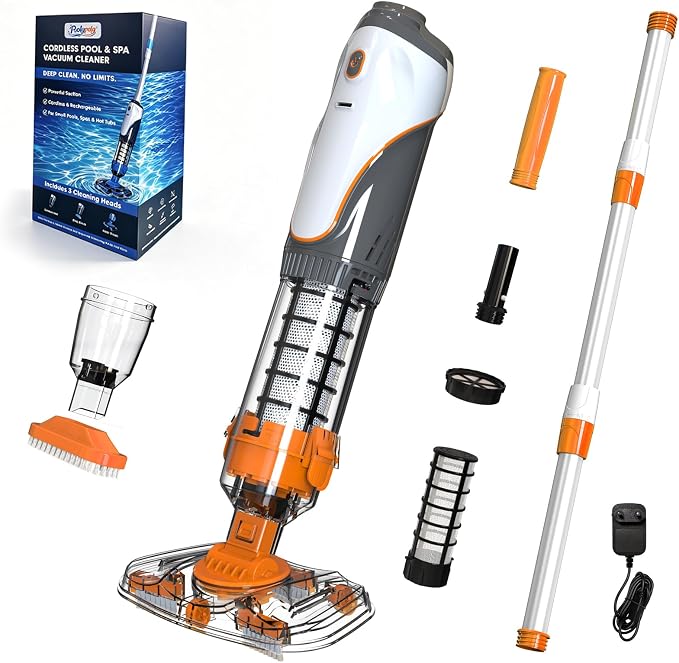 Cordless Pool Spa Vacuum Cleaner Rechargeable Handheld Pool Vacuum with 60-Min Runtime Dual Filtration 3 Cleaning Heads Telescopic Pole for Sand Leaves Hot Tubs Above Ground & Small Pools (Orange)
