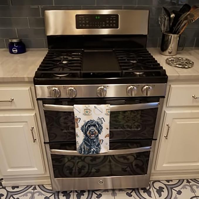 Caroline's Treasures Black Portuguese Water Dog Coffee Bar Kitchen Towel Velour Plush Front and Cotton Loop Back Machine Washable