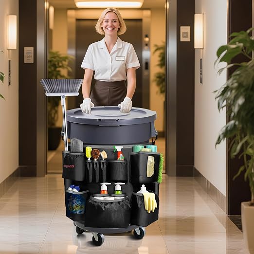 Hongmed Trash Can Caddy Bag: 1680D Fabric Heavy-Duty Cleaning Caddy with Adjustable Buckle fits 32-55 gal Trash Can, Multi-Pockets Cleaning Tool Organizer for House Cleaners & Janitorial Duties