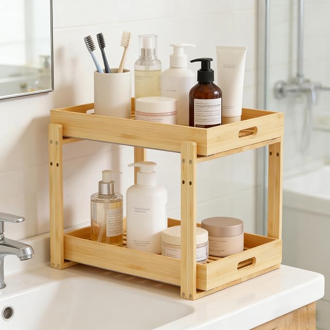 Under Sink Pull Out Organizer - Bamboo Cabinet Organizer 2-Tier with Adjustable Height, Undersink Storage Shelf Slide Out for Kitchen Bathroom Pantry Cabinet(2 Packs)