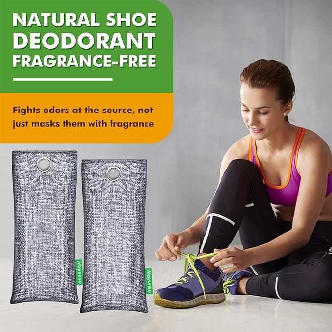 Activated Charcoal Odor Absorber, Natural Shoe Deodorizer Insert, Sneaker Odor Eliminator and Moisture Absorbers. 2 Pack Bamboo Charcoal Air Purifying Bags Shoe Smell Remover