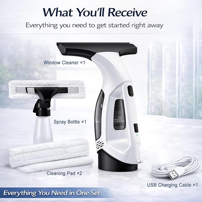 Window Vacuum Squeegee Cordless, Electric Window Cleaner Tool with 2000Pa Suction, 2200mAh Rechargeable Battery, 150mL Detachable Tank, 11-Inch Blade for Windows, Shower Doors, Mirrors, Tiles