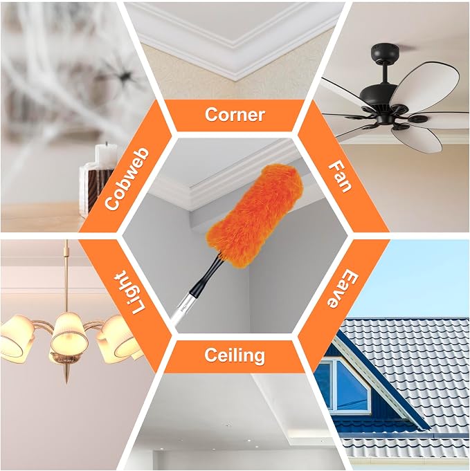 20FT High Reach Duster Cleaning Kit with 3-12FT Extension Pole, 4-in-1 Ceiling Fan Duster, Cobweb Remover, Bendable Feather Duster & Window Squeegee for High Ceilings, Walls and Outdoor Cleaning