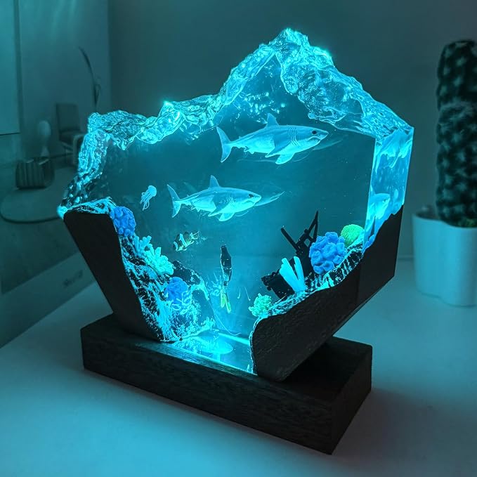 Shark Resin Lamp, Scuba Diving Resin Ocean Lamp,Handmade Shark Decor Bedside Nightlight with Wooden Base, RGB Mode, Ocean Lovers Collectibles, Gifts for Christmas,Birthday Holiday (L 10"X6")