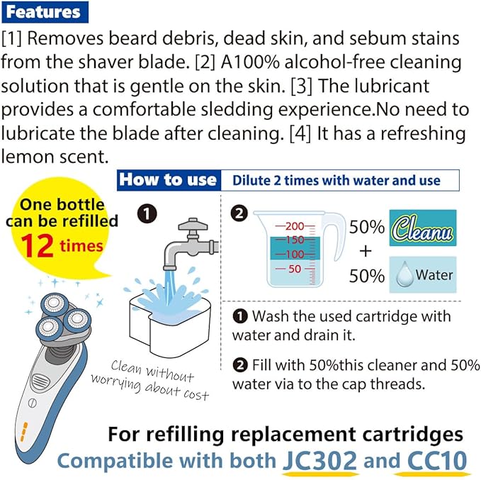 2X Concentrated Shaver Cleaning Solution Refill Compatible with Philips Norelco SmartClean & Quick Clean Pod Systems – Makes Up to 12 Cartridge Refills, 1L (33.8 oz), Made in Japan