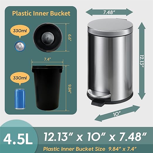 SunnyPoint 4.5 Liter(1.2 Gallon) Small Round Trash Can with Plastic Inner Bucket; Bathroom, Office, Kitchen and Bedroom Step On and Slow Close (S.N)