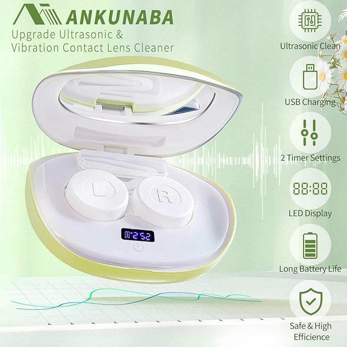 Contact Lens Cleaner, Portable Ultrasonic Contact Lens Cleaning Machine with USB Charger, LED Timer Display & 5 Contacts Solution Cases Kit for Soft Hard Colored RGP Lenses (Avocado Green)