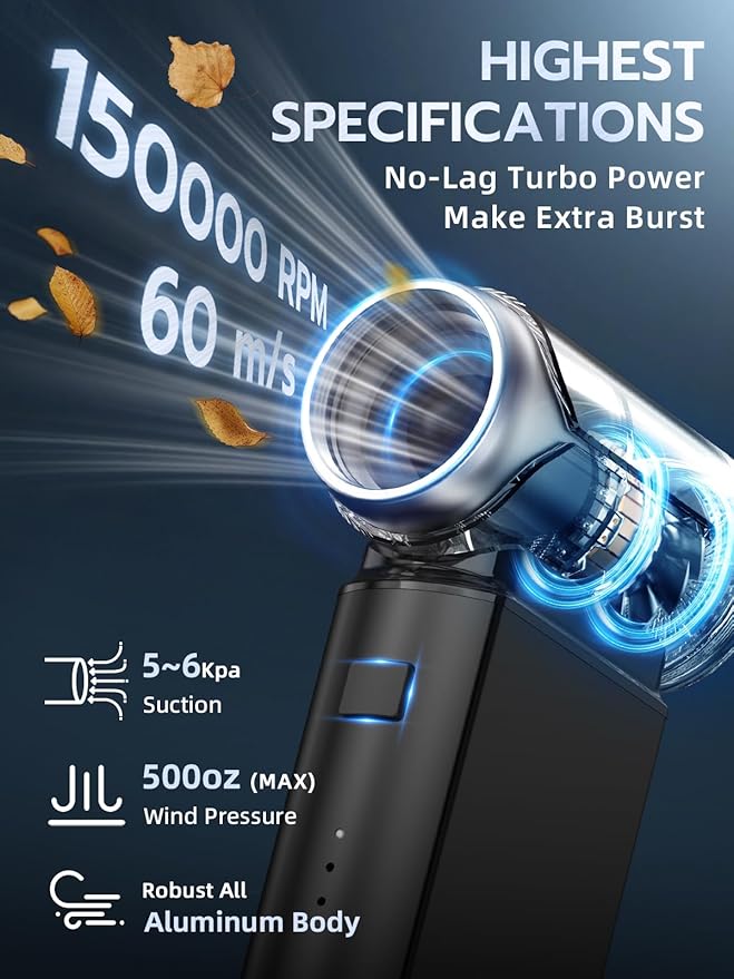 Smiling Shark Compressed Air Duster, J02 Super Power 150000RPM Aluminum Electric Air Duster with Mini Vacuum Cleaner, 2 Modes (Normal&Storm) Adjustable Dust Blower for PC/Outdoor/House/Car