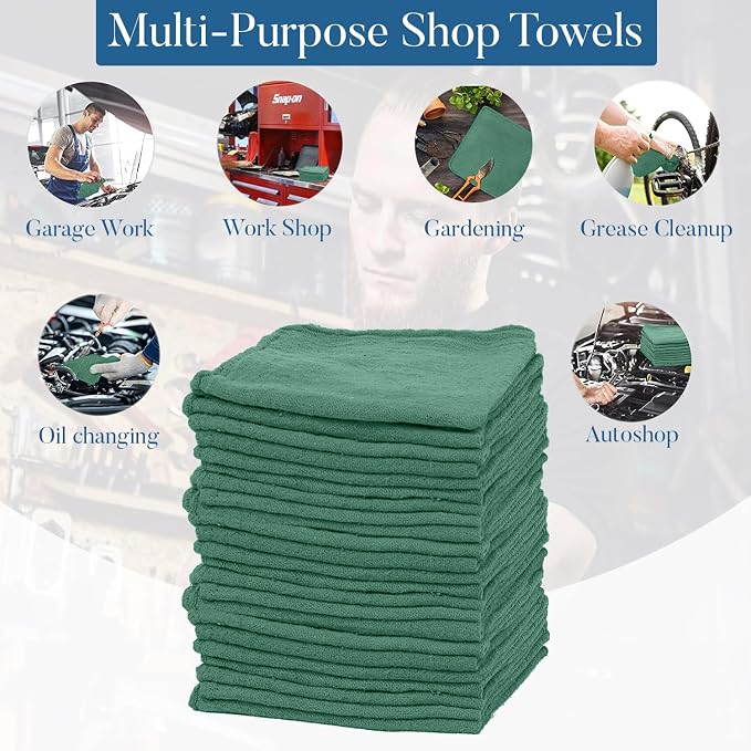 DAN RIVER Shop Towels, 50 Pack Commercial Use Green Terry Cloth Rags for Cleaning Cars & Household Surfaces – Well Absorbent, Reusable Cleaning Rags & Wash Clothes – Washable Towels