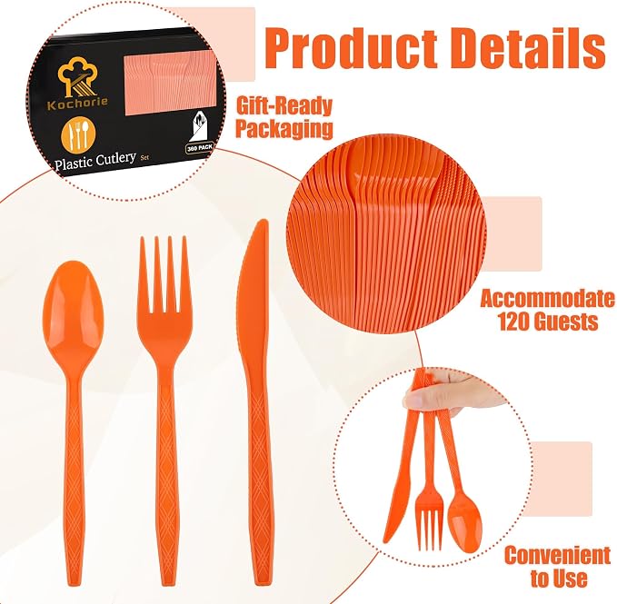 Kochorie 360 Pieces Orange Plastic Cutlery Set Disposable Plastic Utensils Heavy Duty Flatware Set Includes 120 Knives 120 Forks 120 Spoons for Party Wedding Birthday