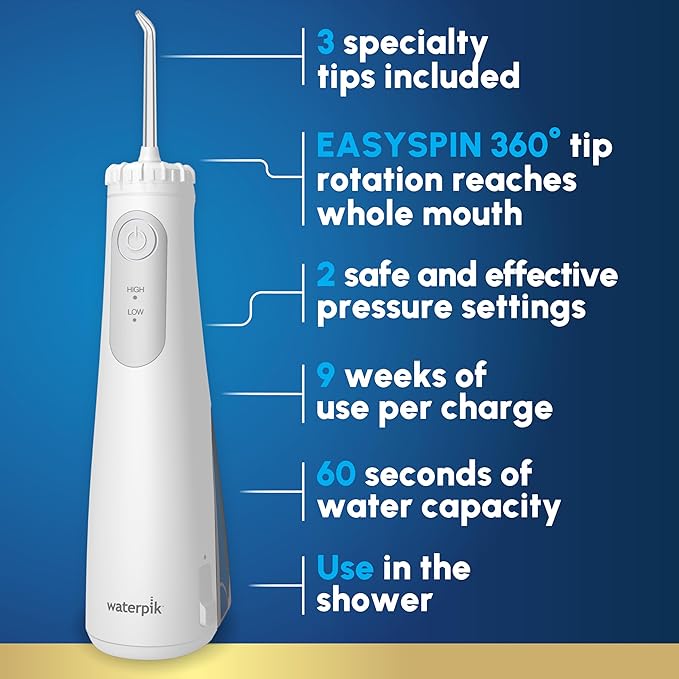 Waterpik Cordless Gem Water Flosser 5100 for Travel and Home, Rechargeable, Portable, Waterproof for Shower, Daily Gum Care, Cleaning Teeth, Braces, Implants, 3 Flossing Tips, ADA Accepted White WF-27