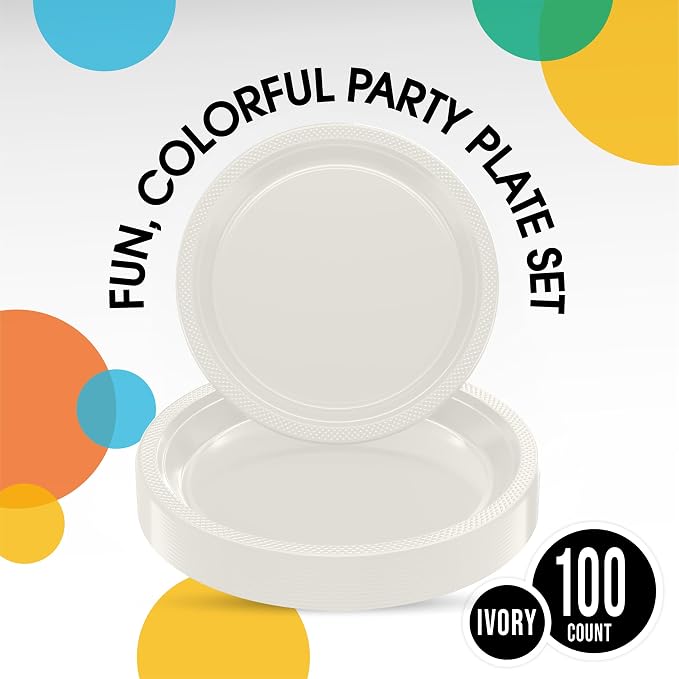 Exquisite Party Solids Ivory Plates Disposable Ivory Plastic Plates 100 Pieces - 50-7" & 50-9" Heavy Duty 350 GSM Disposable Dinnerware Sets, Plastic Dinnerware Sets