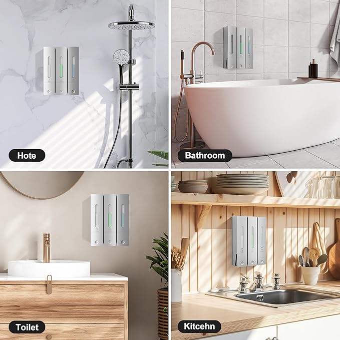 Shampoo and Conditioner Dispenser - Wall-Mounted 3-Chamber Shower Soap Dispenser, No-Drill, 1200ML Capacity, for Bathroom & Hotel