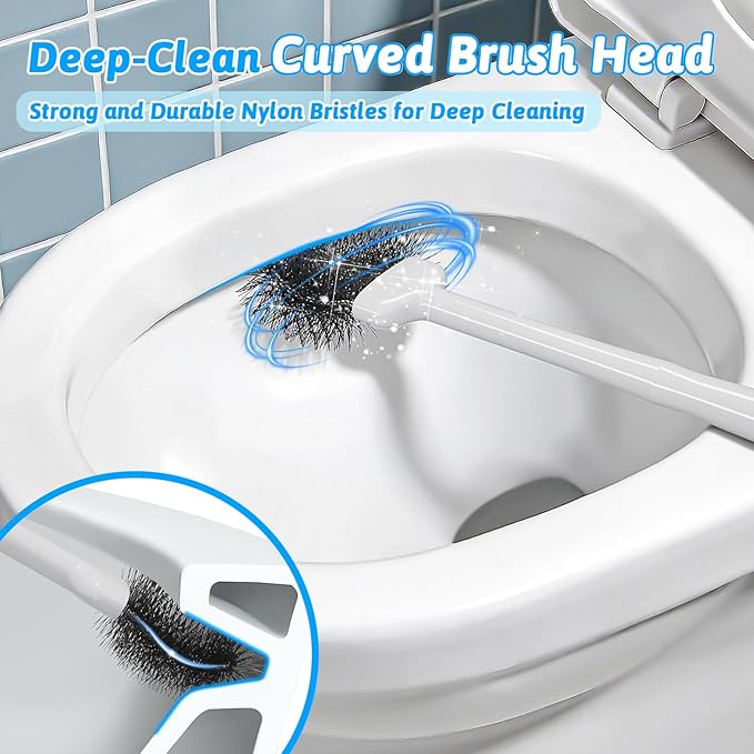 Sellemer 2 in 1 Toilet Brush and Plunger Set, Curved Design Head for Deep Clean, Heavy Duty Toilet Bowl Brush and Plunger Combo with Holder for Bathroom,White, 2 Pack