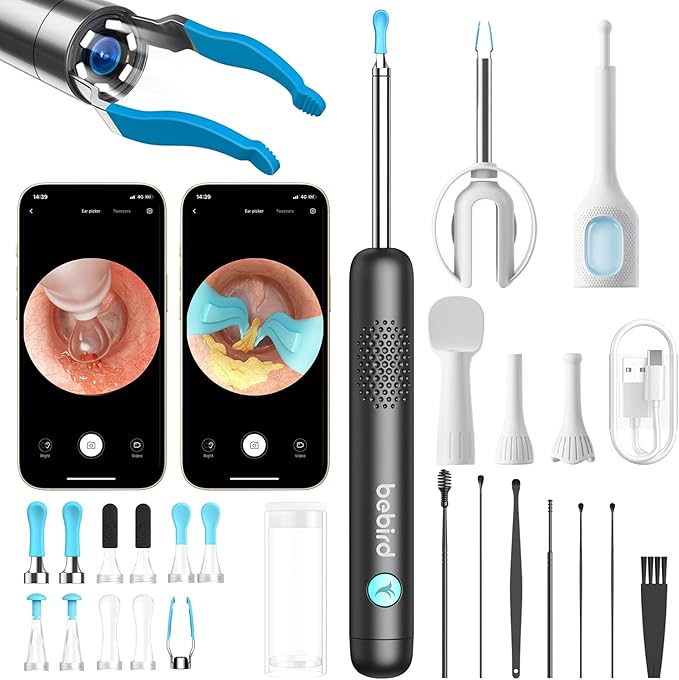 BEBIRD R1 Ultra Ear Wax Remova, Ear Cleaner with Camera Ear Scope, Wax Remove Ear Pick with Ear Otoscope Tweezers, Visual Dropper Cleaning Kit, Ear/Nose/Throat Examination Tool for Family, Black