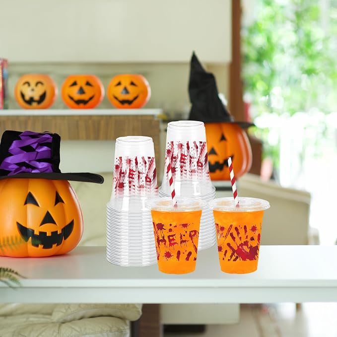 Whaline 50Pcs Halloween Disposable Plastic Cups with Lids & Straws 12oz Bloody Handprint Clear Cold Beverage Drinking Cups for Home Party Supplies